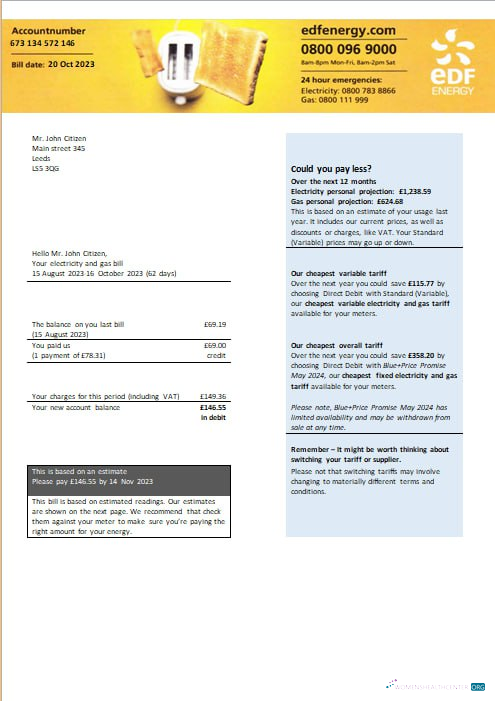download United Kingdom EDF Energy electricity and gas utility bill Word and PDF formats PDF template